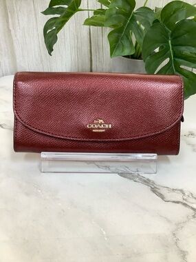 Coach Deep Red Pebbled Leather Continental Wallet with Gold Logo